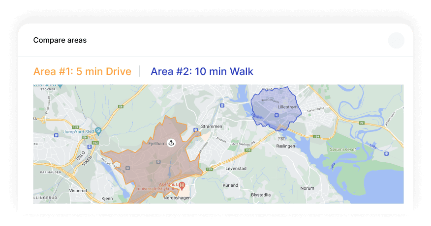 Compare areas based on walk and drive time