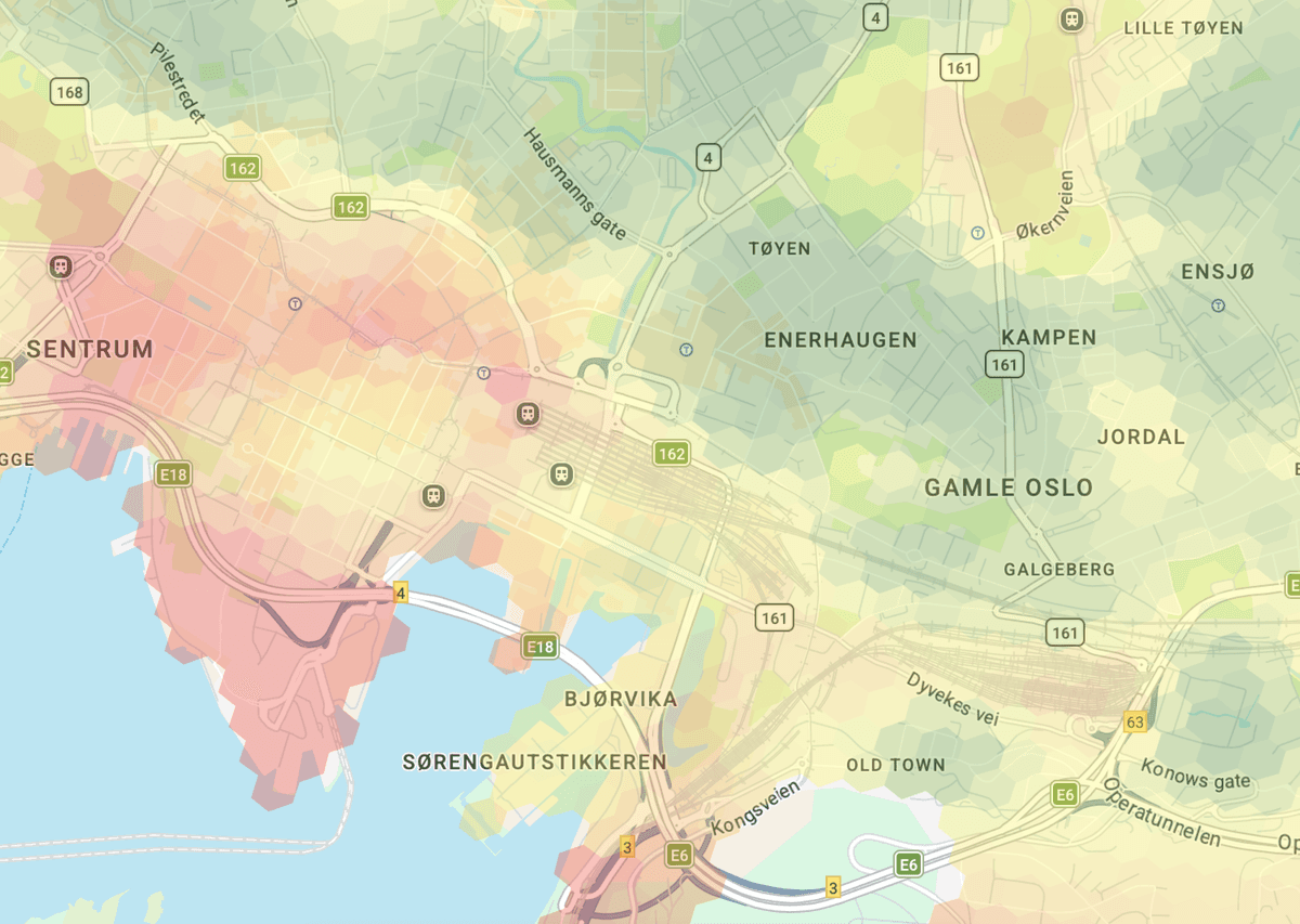 Heatmap av Oslo med hvite flekker