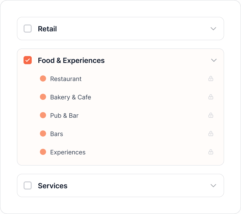Choose industry and category — filter with Retail, Food & Experiences, Services