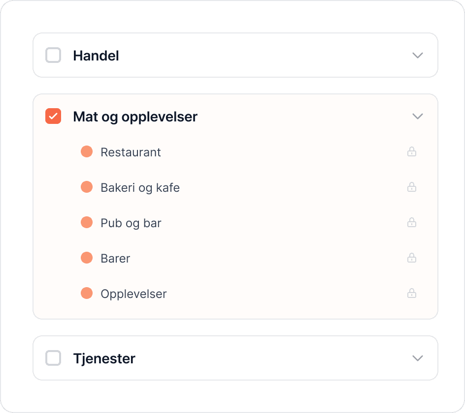 Velg bransje og kategori — filter med Handel, Mat og opplevelser, Tjenester
